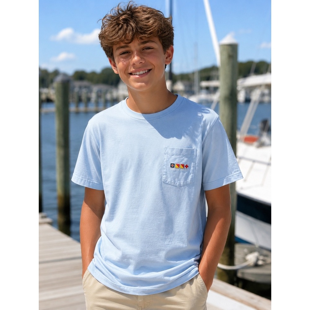 Vineyard Vines Boys XL Light Blue First Mate Dog Nautical Flag Pocket T-Shirt